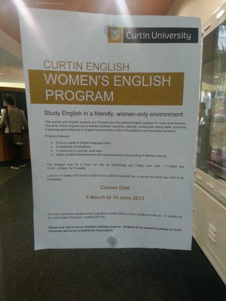 A photo of a flier advertisement for the Women's English Program at Curtin University. The flier invites students to "study English in a friendly, women-only environment."