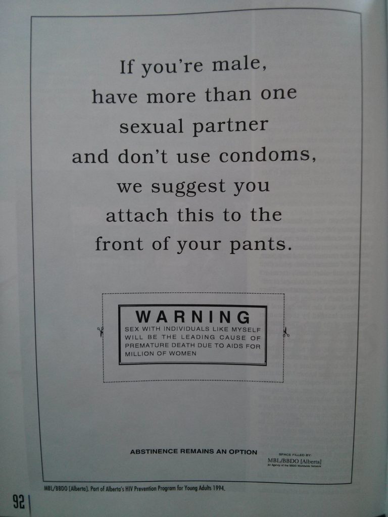 A photo from an old textbook from 1994 that suggests men should attach warning labels to their penises if they have more than one sexual partner.