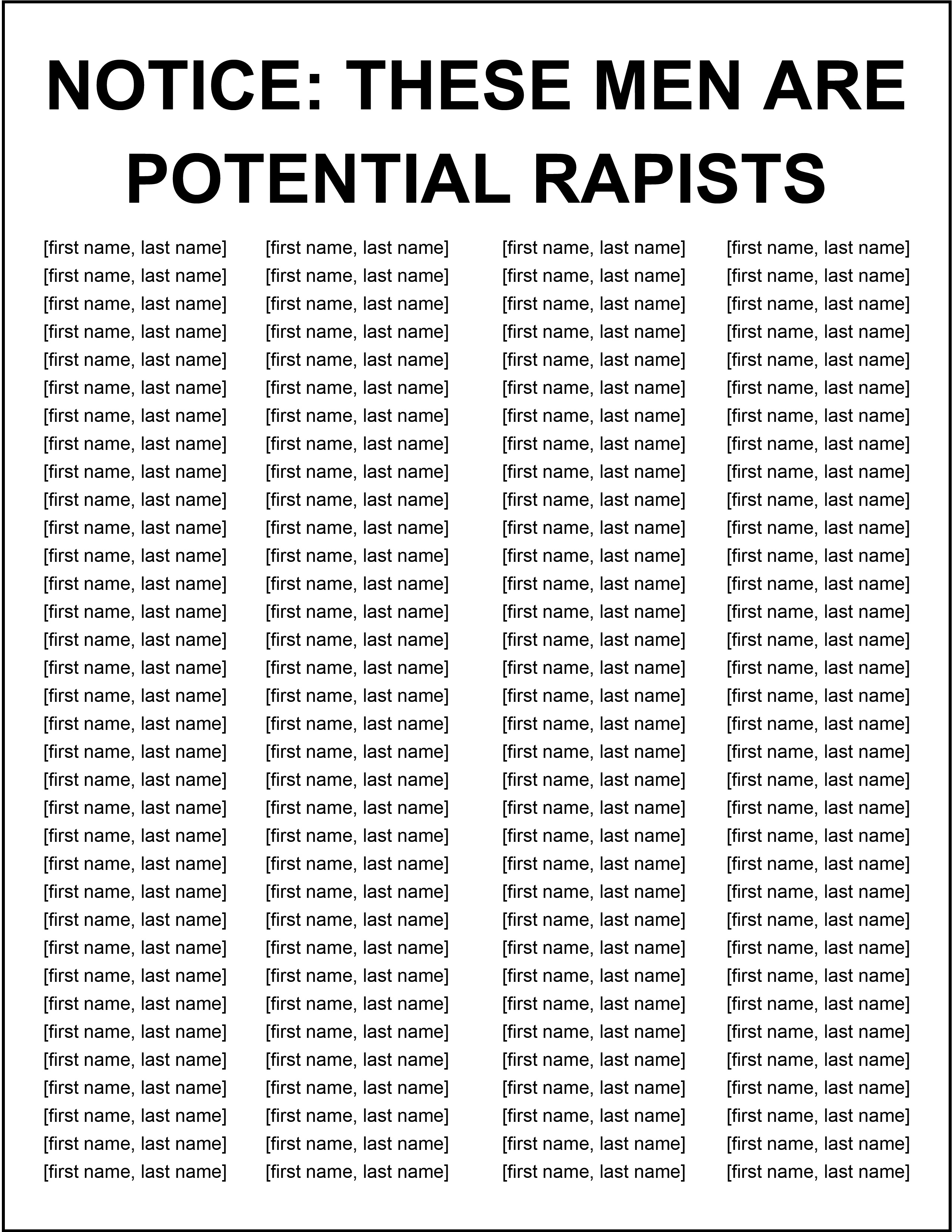 A reconstruction of the original poster distributed throughout campus. The poster simply lists male students pulled from the campus directory under a heading that says "Notice: These Men are Potential Rapists."