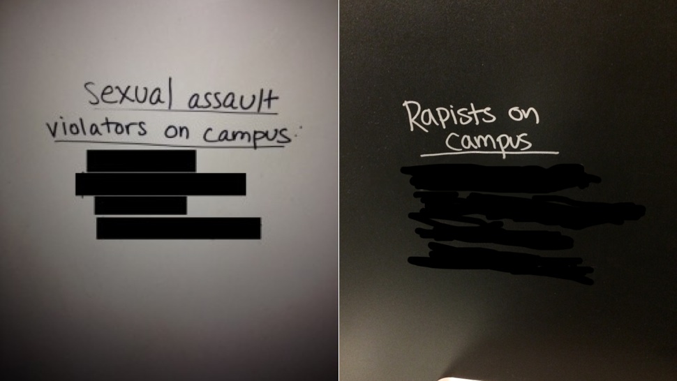 A list of men accused of rape written on a bathroom stall.