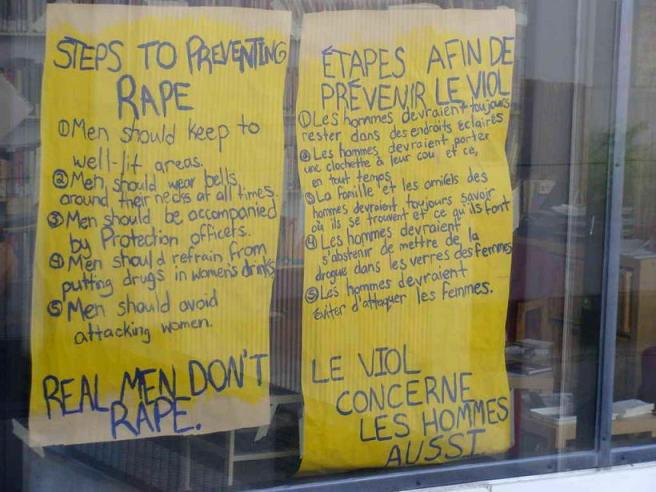 Posters that list steps to preventing rape. Such steps include confining men to well-lit areas on campus, men wearing bells around their necks at all times, and protection officers accompanying men.