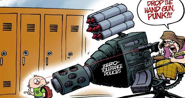 A satirical comic showing a teacher pointing exaggerated military weaponry at a student for making a "finger gun."