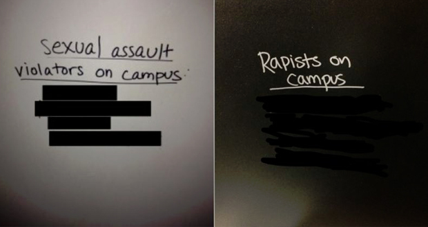 A photo of a list of names of male students accused of rape and sexual assault on campus. The list is written in a marker on a bathroom stall.