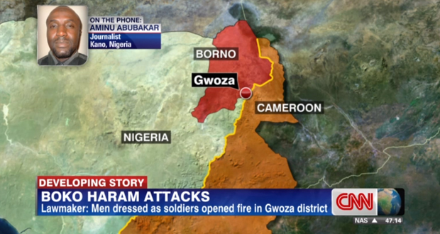 A still image of a news report showing a map highlighting areas of the Boko Haram Attacks. The attacks were at and near Cameroon.