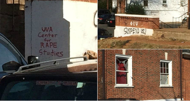 A photo of graffiti at a frat house at the University of Virginia. The graffiti says "UVA Center for Rape Studies" and "Suspend Us."