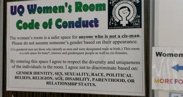 A photo of a sign on the Women's Room at the University of Queensland. The poster says, "The women's room is a safer space for anyone who is not a "cis-man."