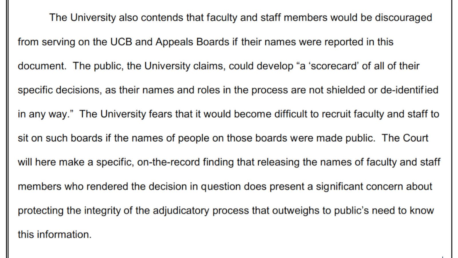 A screenshot of a legal filing in Doe versus Syracuse referring to the University's claim that faculty and staff members "would be discouraged from serving" on misconduct boards "if their names were reported in this document."