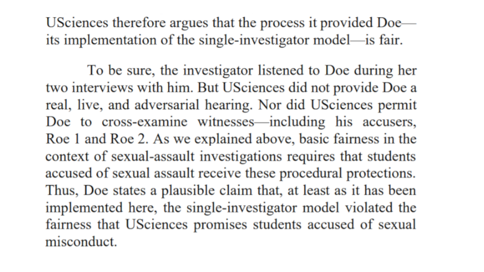 A screenshot from the Third Circuit decision stating that the University of the Sciences violated Doe's rights to basic fairness by failing to provide him with "a real, live, and adversarial hearing."