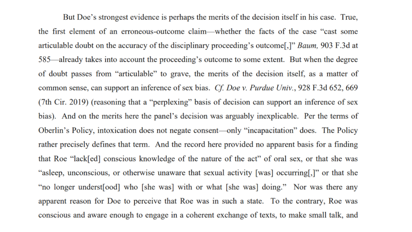 A screenshot from the appellate decision stating that “when the degree of doubt passes from ‘articulable’ to grave, the merits of the decision itself, as a matter of common sense, can support an inference of sex bias.”