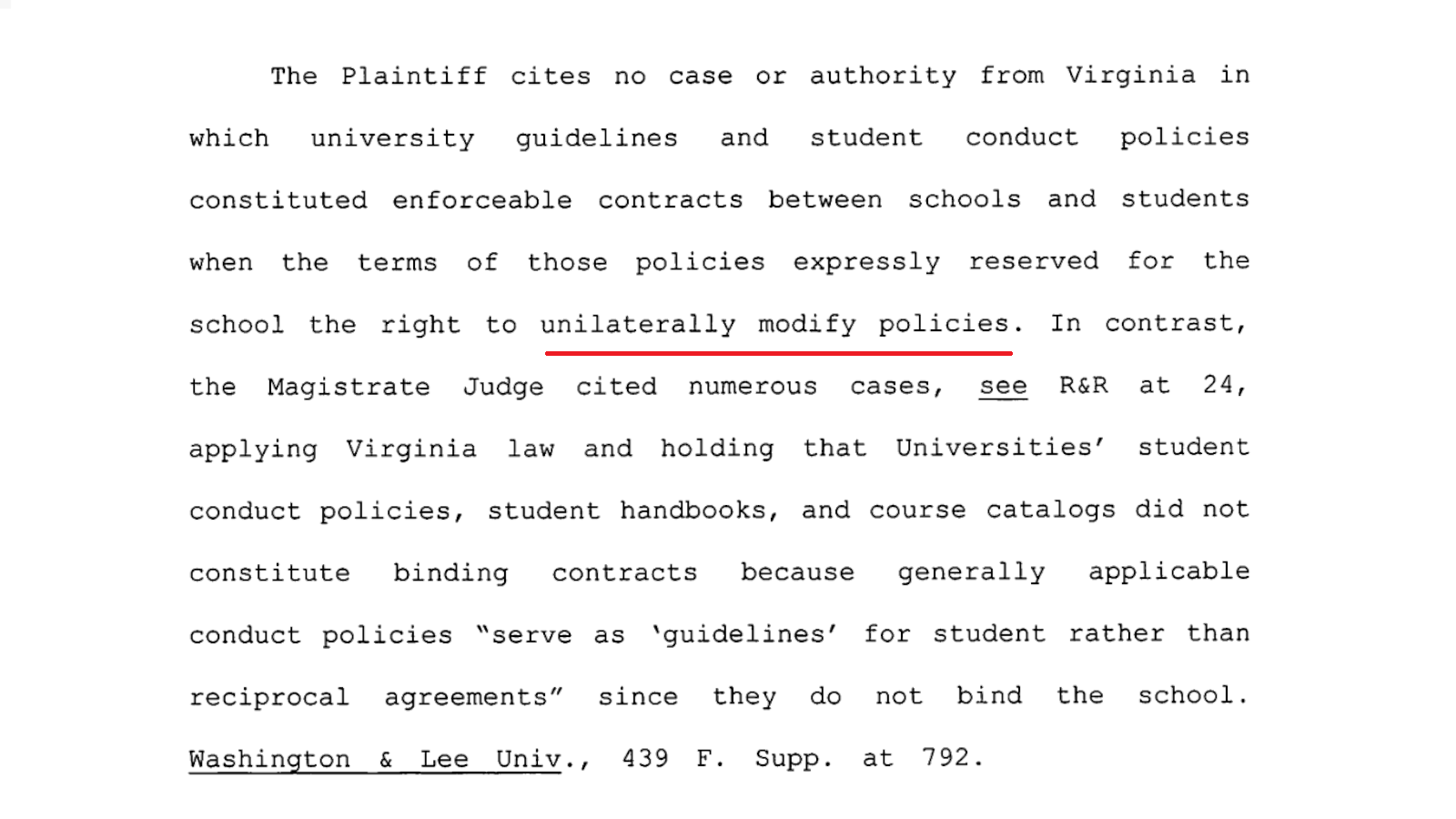 A screenshot from the judicial decision stating that the plaintiff "cites no case or authority from Virginia" to support his breach of contract claim that would be actionable "when the terms of those policies expressly reserved for the school the right to unilaterally modify policies."