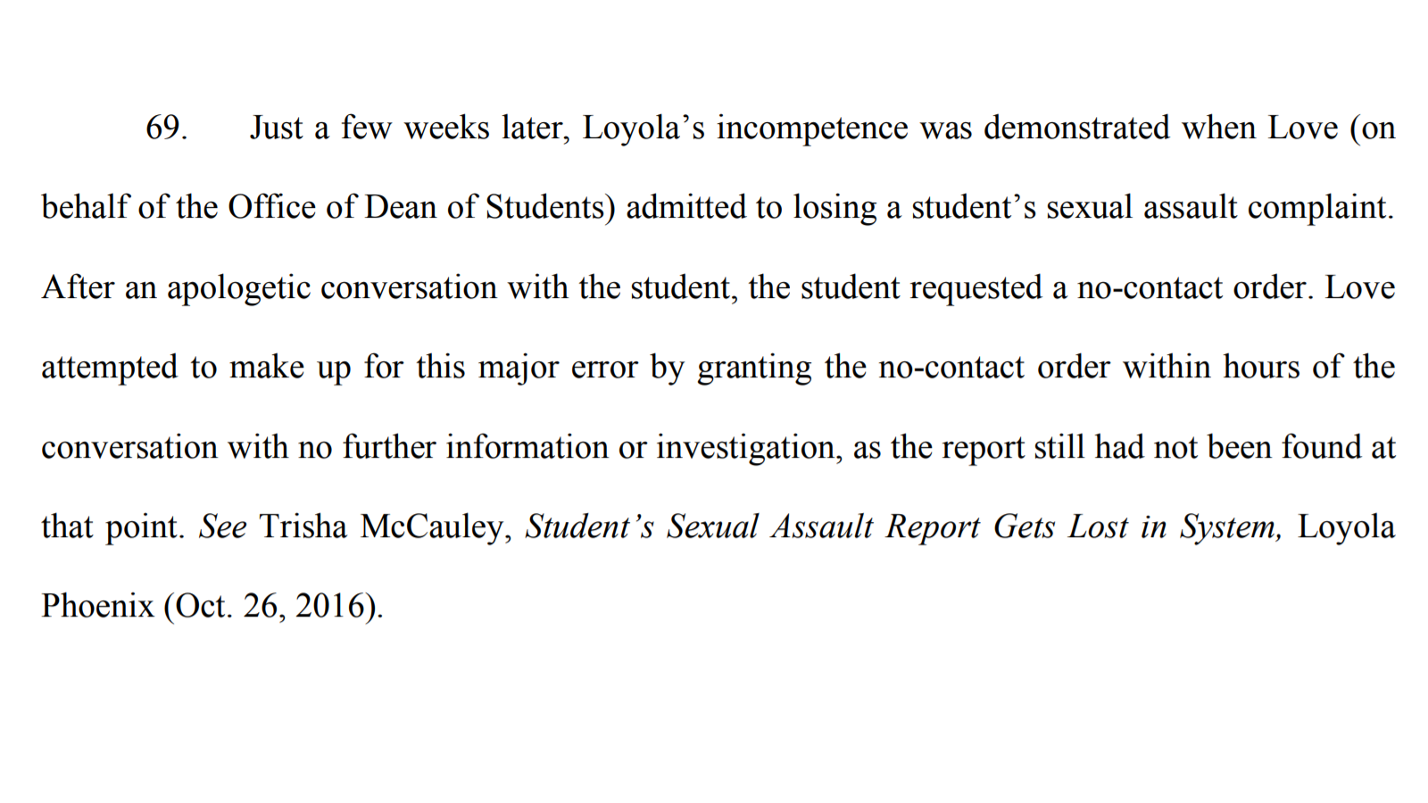 A screenshot from the complaint claiming that Loyola University Chicago admitted to losing a student's sexual assault complaint.