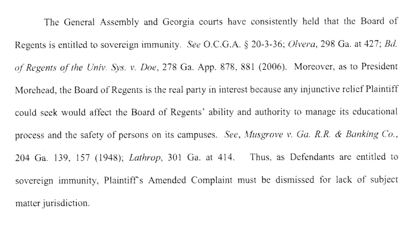 A screenshot of a key section of the judicial decision holding that "Georgia courts have consistently held that the Board of Regents is entitled to sovereign immunity" and that the President "is the real party in interest."
