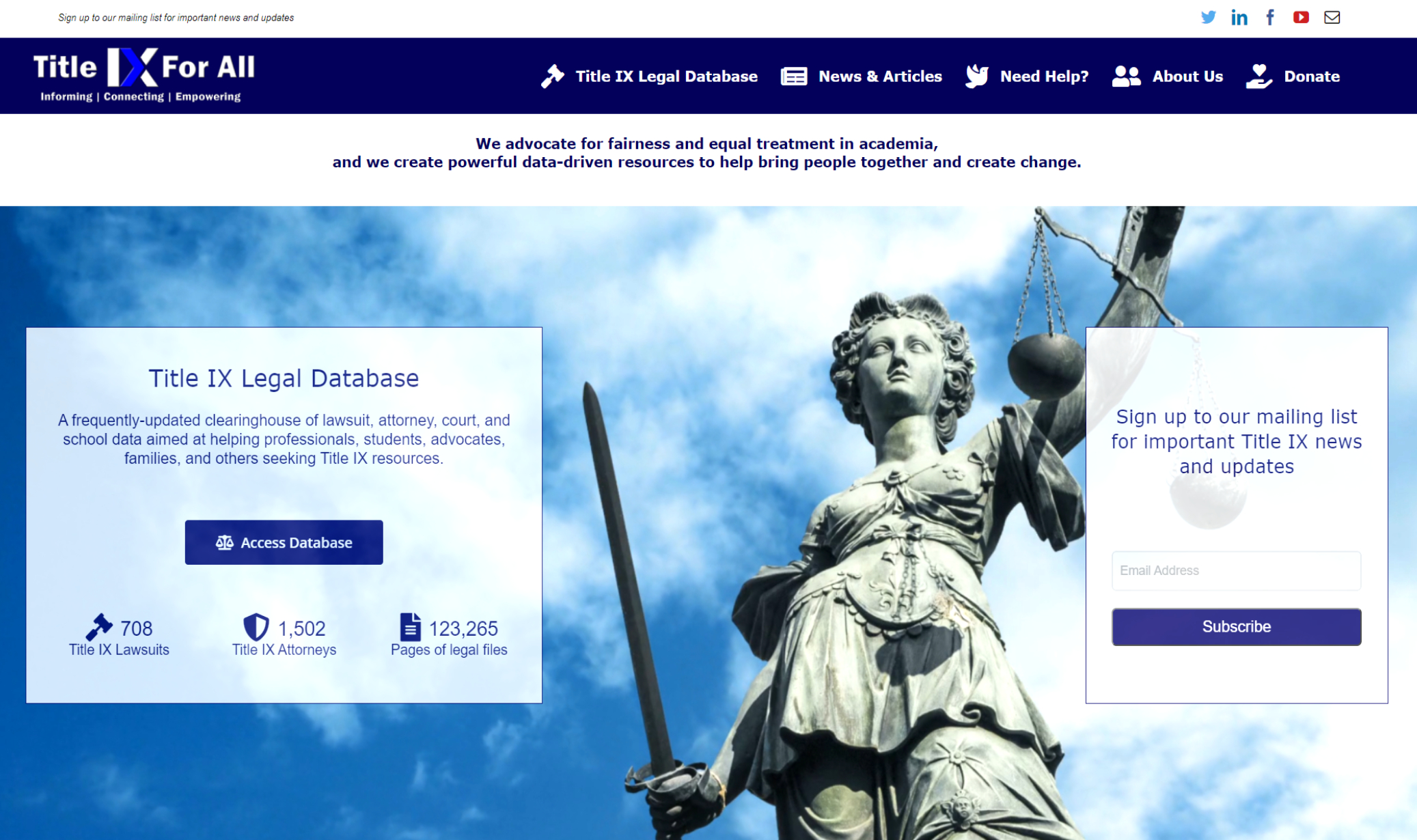 A screenshot of the redesign of the front page of our website. The new design features a classic background image of Lady Justice and avoids futuristic imagery of technology found in the previous version.