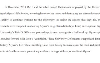 A screenshot of a section of the complaint from the lawsuit by plaintiff Reid. The section claims that her accusers "wreaked havoc on her career and destroyed her personal reputation and ability to continue working for the university."