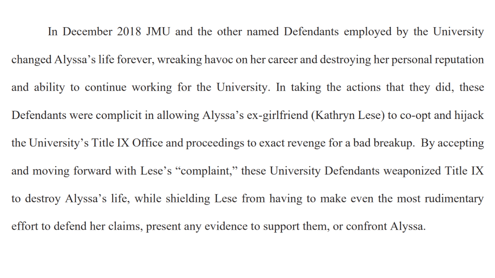 A screenshot of a section of the complaint from the lawsuit by plaintiff Reid. The section claims that her accusers "wreaked havoc on her career and destroyed her personal reputation and ability to continue working for the university."