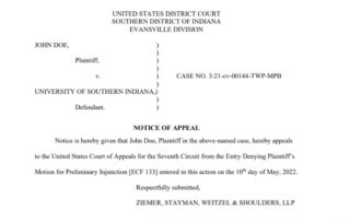 A screenshot of plaintiff John Doe's notice that he is appealing his lawsuit against the University of Southern Indiana.