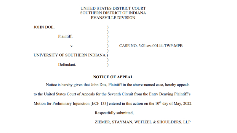 A screenshot of plaintiff John Doe's notice that he is appealing his lawsuit against the University of Southern Indiana.