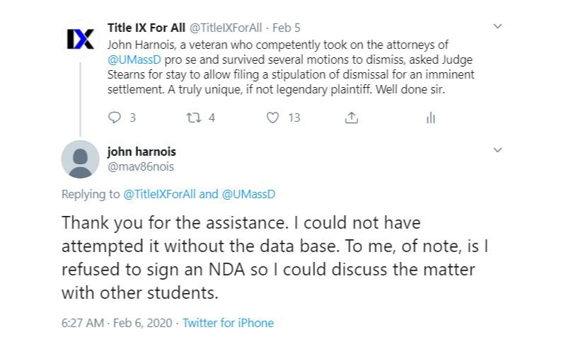 A testimonial from a plaintiff named John Harnois who received a favorable settlement. John Harnois said he could not have attempted it without the database.