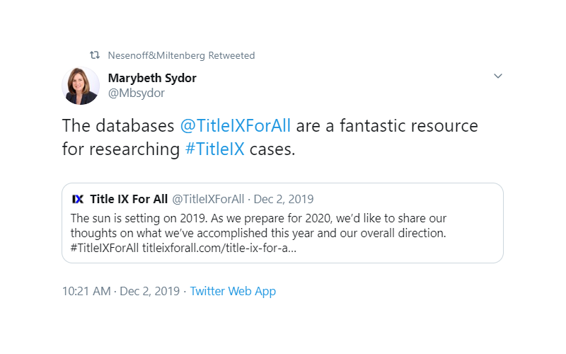 Feedback by Marybeth Sydor: "The databases at Title IX for All are a fantastic resource for researching Title IX cases."